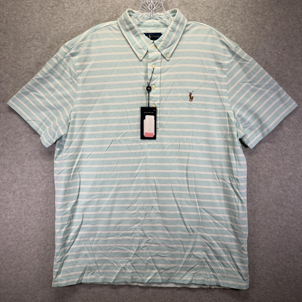 Ralph Lauren Polo Shirt Mens XL Blue White Striped Knit Oxford Cotton Casual